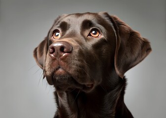 Fototapeta premium Close-up portrait of a chocolate labrador retriever dog looking upward, showcasing its expressive eyes and dark fur against a neutral background.