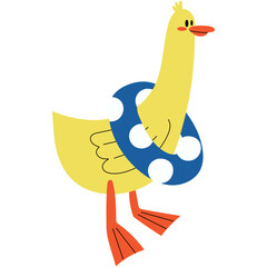 Cute Duck with Polka Dot Swim Ring. Yellow duck  character wearing a blue polka dot swim ring, perfect for summer, beach, or kids illustrations.