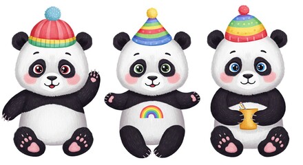 Naklejka premium Cute Panda Bears in Party Hats and Winter Hat Illustration