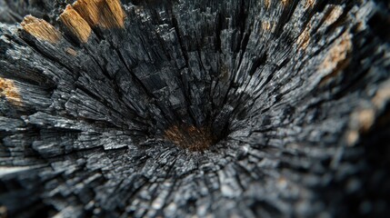 Charred wood reveals intricate, dark texture.