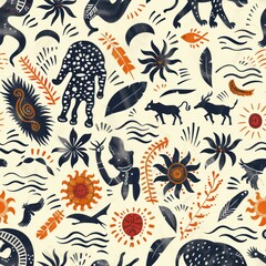 seamless pattern of abstract African animal silhouettes, tribal shapes and symbols, earthy color tones
