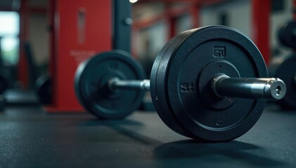 Fototapeta premium Close-up of a barbell resting on a weight bench, ready for a workout , gym essentials, muscular