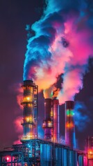 Vibrant industrial night scene, colorful smoke billows.