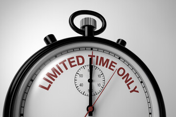 Close-up of a black stopwatch with a white face, displaying "Limited Time Only"  It symbolizes urgency and limited-time offers, ideal for sales promotions or deadlines