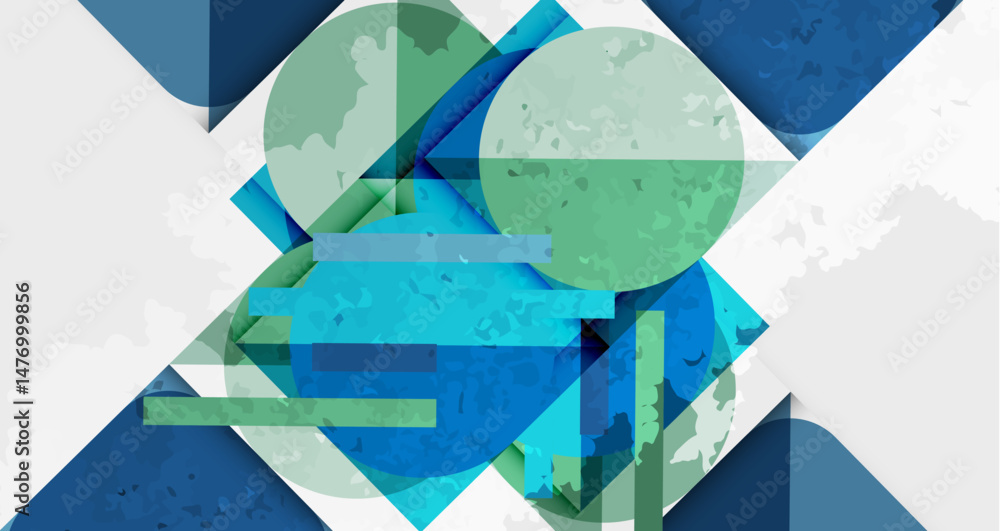 Poster Abstract geometric composition. Overlapping shapes create layered visual effect. Blue, green hues dominate design. Minimalist style.