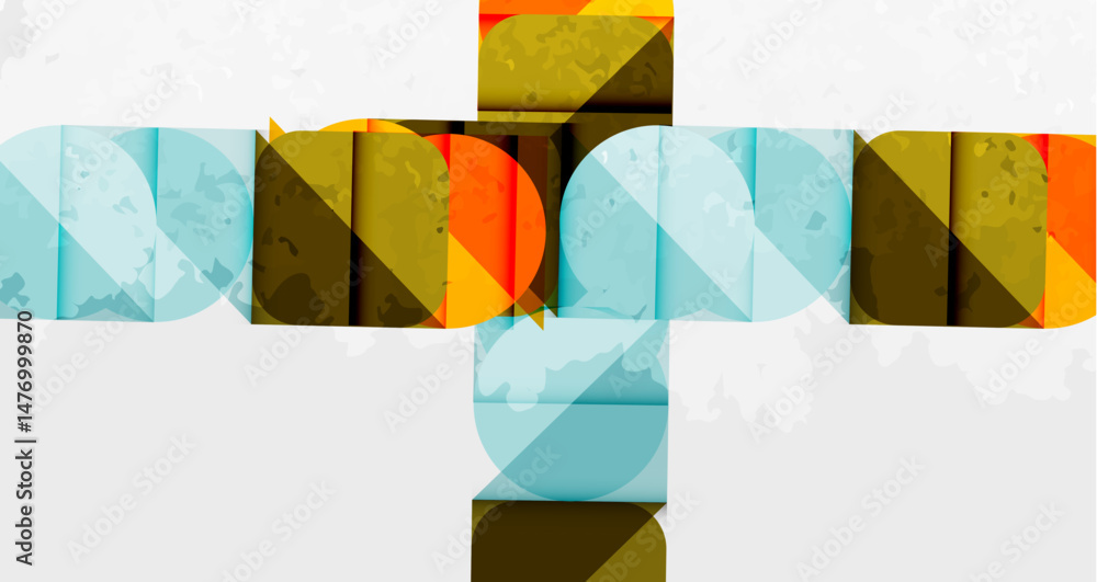 Poster Abstract geometric design. Overlapping shapes create cross pattern. Colors include blue, orange, brown, beige. Minimalist style.