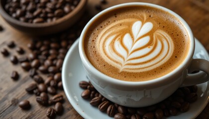 Aromatic Latte Art: Indulge in the creamy texture and captivating design of a perfectly crafted latte, surrounded by roasted coffee beans.