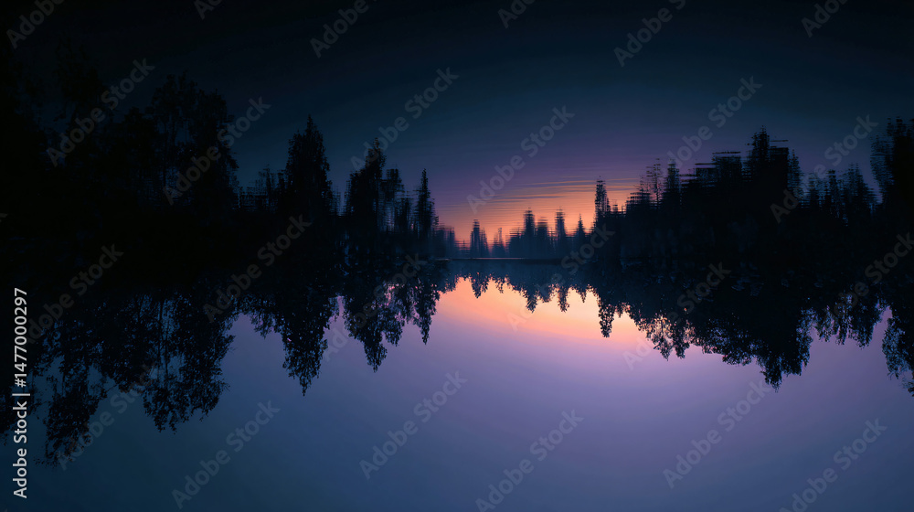 Poster reflection of the sky and trees in a calm lake, creating a symmetrical, almost perfect mirror image.
