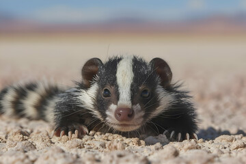 Fototapeta premium Close-Up Portrait of a Cute Striped Young Mammal in a Desert Setting