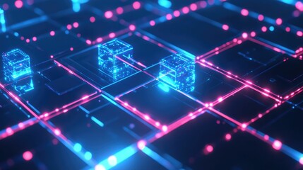 Glowing cubes on neon grid surface.