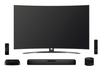 Curved television screen, remote control, soundbar, tv set-top box and smart speaker.