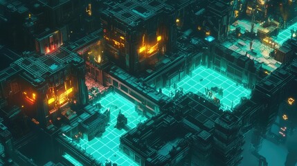 Futuristic city glowing teal and orange hues