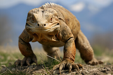 Obraz premium Close Up Portrait of a Tan and Brown Iguana in a Desert Setting