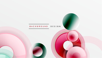 Abstract design features layered circles, lines. Pink, red, teal hues create modern aesthetic. Minimalist composition suits backgrounds.