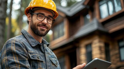 Smiling construction worker with tablet in front of modern wooden house