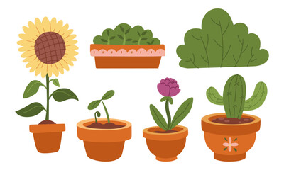 set of flowers in flower pot. sprout, flower, cactus, bush. Flat color illustration in form of doodles. Pleasant spring and summer. Suitable decoration, postcards, packaging, prints, covers with cozy