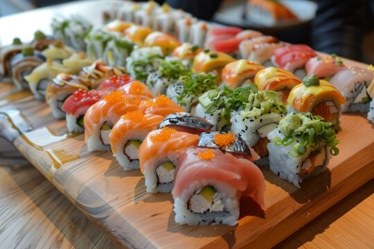 Wooden sushi platter showcasing colorful maki rolls with various toppings and fillings, creating a visually appealing display