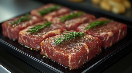 Freshly cut beef steaks garnished with herbs ready for cooking