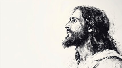 Fototapeta premium Pen sketch of Jesus Christ's profile, contemplative gaze, long hair and beard.