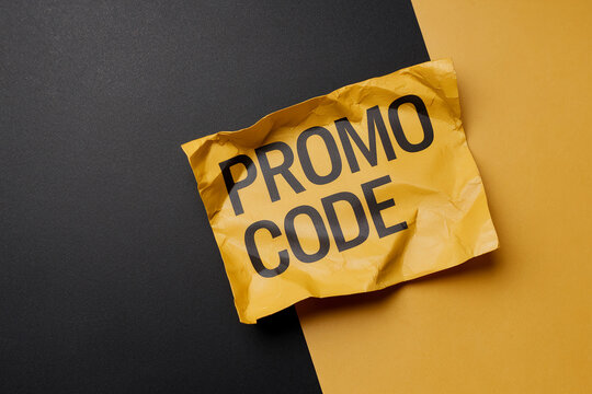 Wrinkled yellow paper with black "Promo Code" text on black and yellow background, showcasing a promotional offer concept, ideal for advertising