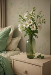 Elegant bottle vase with blooming flowers adorns a beige nightstand beside emerald green bedding ,  green bedding,  luxury,  still life