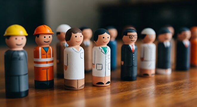 Career path, Wooden figurines in colorful uniforms representing diverse careers, perfect for career guidance materials.