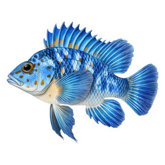 Fototapeta premium A vibrant blue fish with intricate scale details swims on a white background.