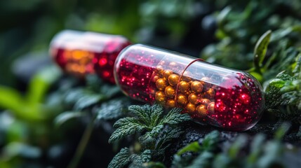 Colorful capsules on green background with natural elements