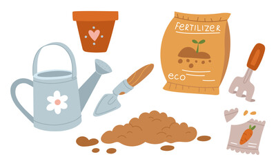 set of items for planting plants. Watering can, seeds, pot, hoe, shovel, soil, fertilizer. Flat color illustration. Suitable for postcards, prints, blog design, children's books, packaging design.