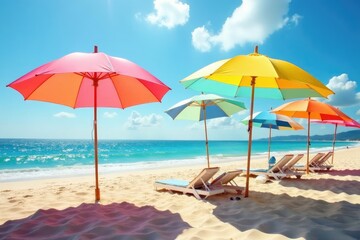 Fototapeta premium Colorful umbrellas shading sandy beach, sunny day , relaxation, tropical, resort
