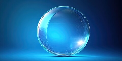 A blue-hued transparent sphere with light reflections and faint shadow on a dark blue background.