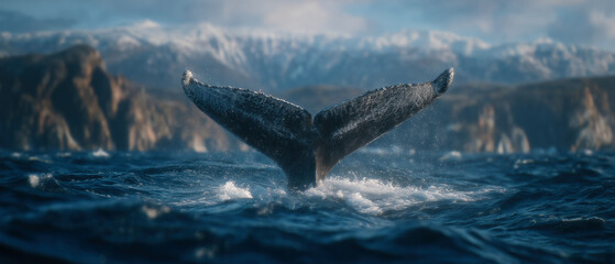 Fototapeta premium Majestic Whale Tail Breaking Surface in Serene Seascape with Mountains