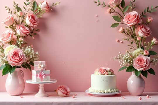 Elegant bridal shower setup with floral arrangements, cake, and gifts , party, bride, pretty