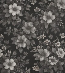 Subtle charcoal floral wallpaper, vintage-inspired print  Delicate blooms and leaves , shabby chic, aesthetic