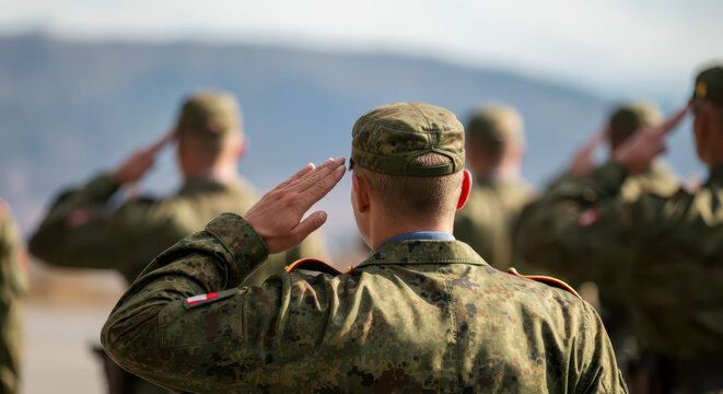 Austrian soldiers giving salute during ceremony military, glory and honor, dignified military uniform
