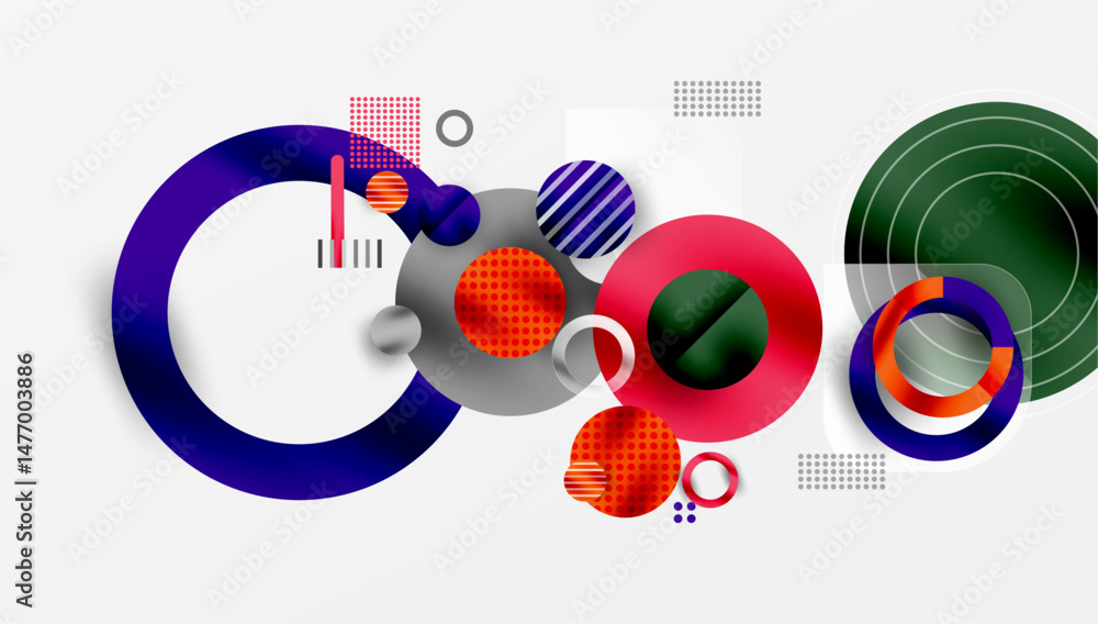 Poster Abstract geometric shapes overlap. Circles, lines, dots create dynamic composition. Bright colors dominate design. Modern aesthetic.