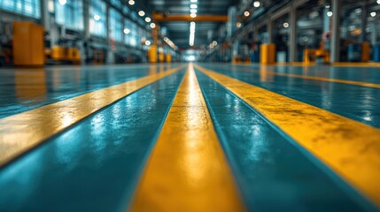 Industrial workspace with striped floor lines in a modern manufacturing facility