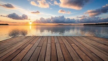Fototapeta premium Serene Sunset Over Calm Lake with Wooden Dock