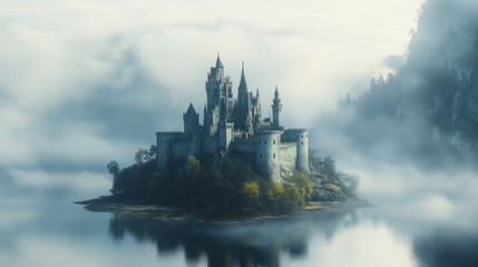 Fototapeta premium Misty castle on an island