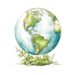 Naklejka premium Watercolor earth globe with green continents sits atop leafy plants below.