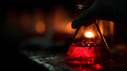 Researcher testing a new industrial material in a laboratory setting with a vivid red solution in a flask.