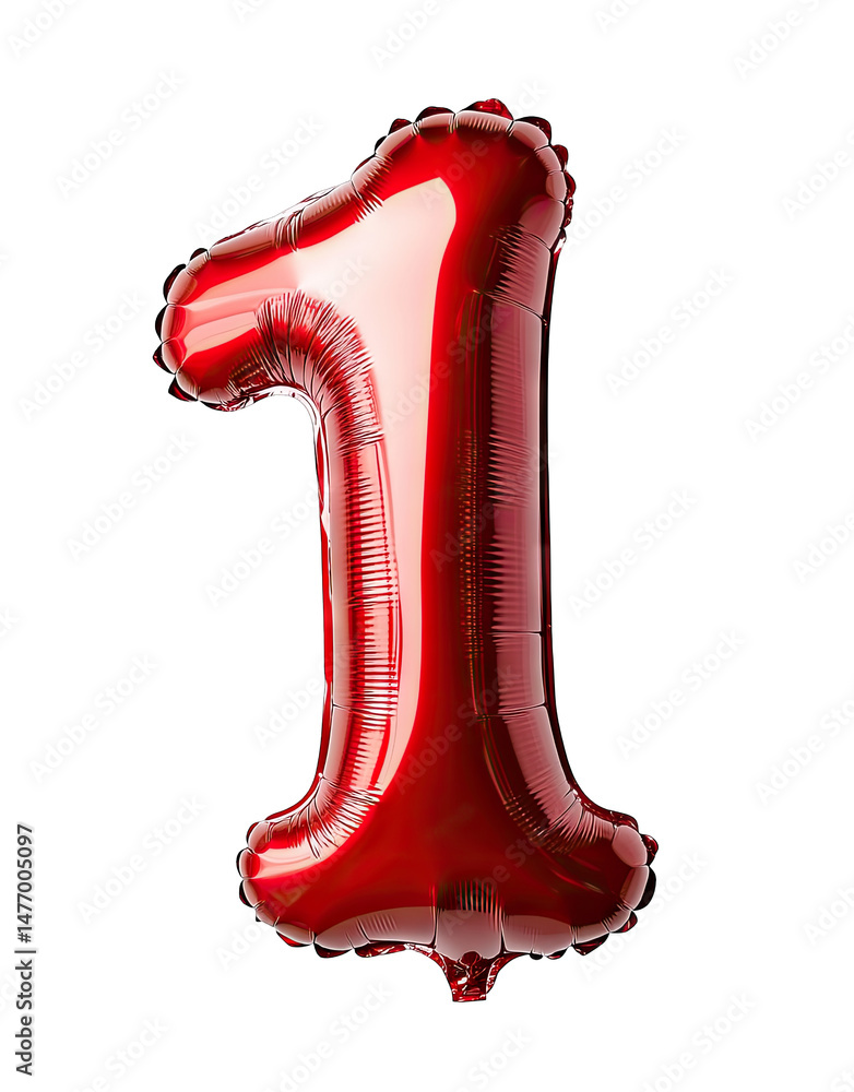 Poster a single red balloon shaped like the number one isolated on a transparent background