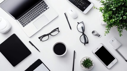 A sleek, minimalist desk is dominated by a cluster of high-end technology gadgets ? a laptop, smartphone, and tablet ? arranged in a deliberately uncluttered composition.