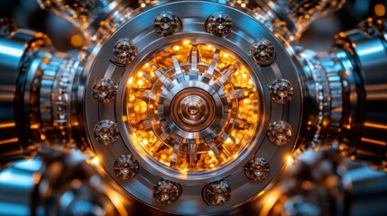 Fototapeta premium Intricate metallic gears and components. Circular design with glowing center