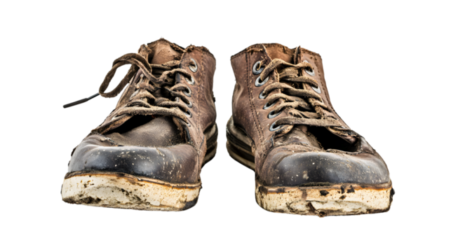 Vintage Worn Out Footwear on Transparent Background for Shoe Restoration Ad Campaign