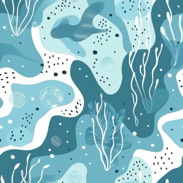 seamless pattern of abstract minimal sea plant shapes and bubbles in soft blue and aqua tones, simple vector style