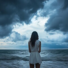 Obraz premium Contemplative Woman Gazing at Ocean Waves Under Dramatic Sky, Evoking Solitude and Serenity by the Seaside