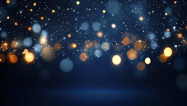 Dark-blue background with glowing orange and blue circular bokeh lights and sparkling dots.