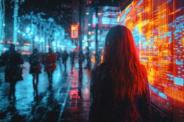 A woman walks city street at night, snow falling, digital display