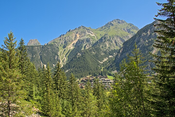 Alpine mountains with pine forest and granite tops in La Vanoise national park, France 
